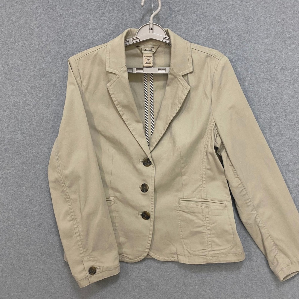 LL BEAN Women's 12 Regular Blazer Tan Cotton Blend Stretch Casual Button Jacket
